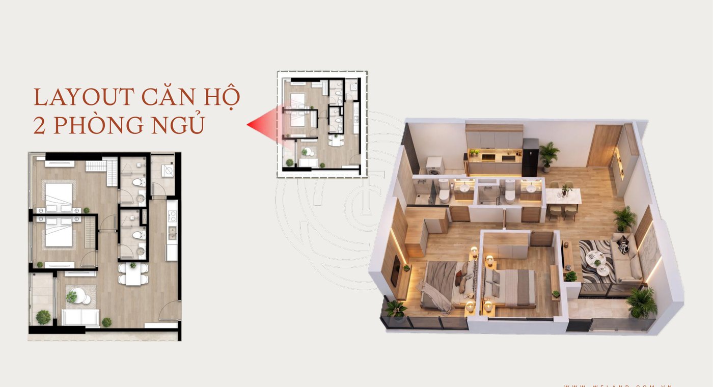 Layout căn hộ 2 phòng ngủ The Camellia Sơn Trà